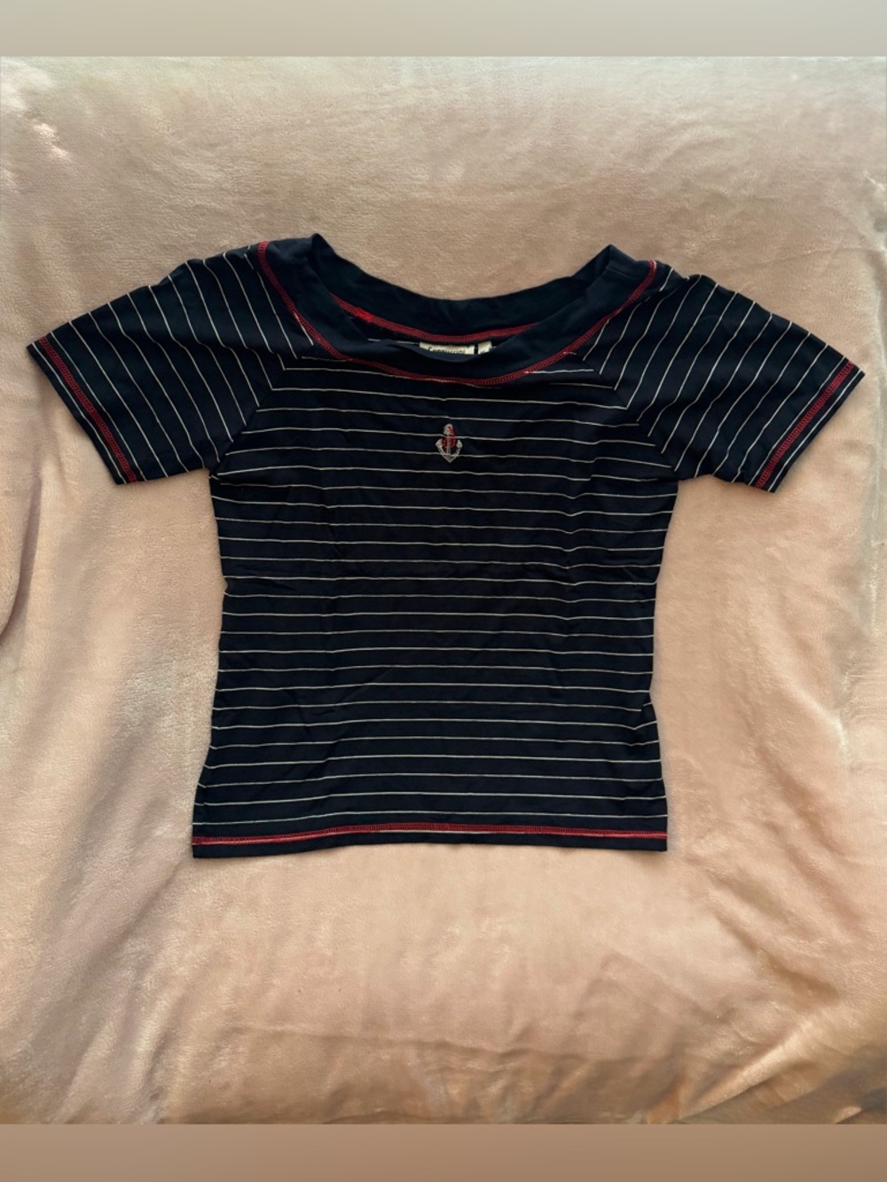 Cappuccini Navy Striped Short Sleeve Top with Red Trim